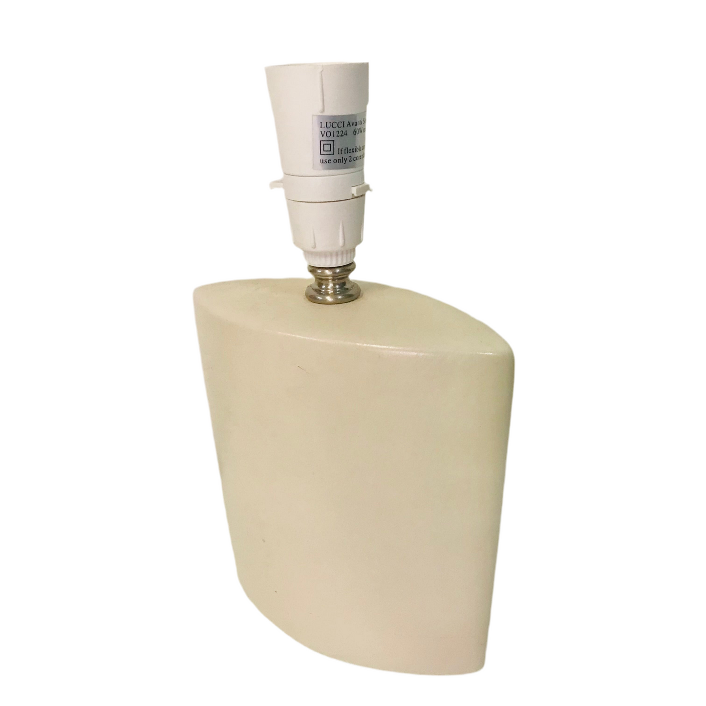 A beige, flattened oval ceramic table lamp base with a visible socket for a bulb.