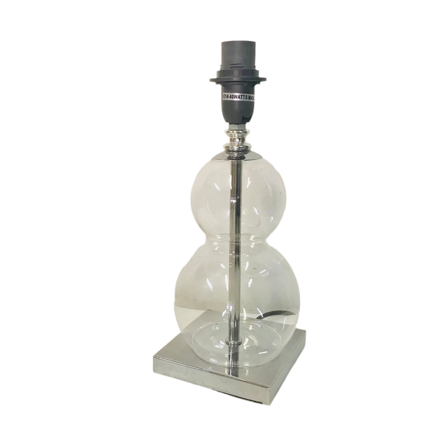 A clear glass lamp base with a double ball design and a chrome finish at the top for a table lamp.