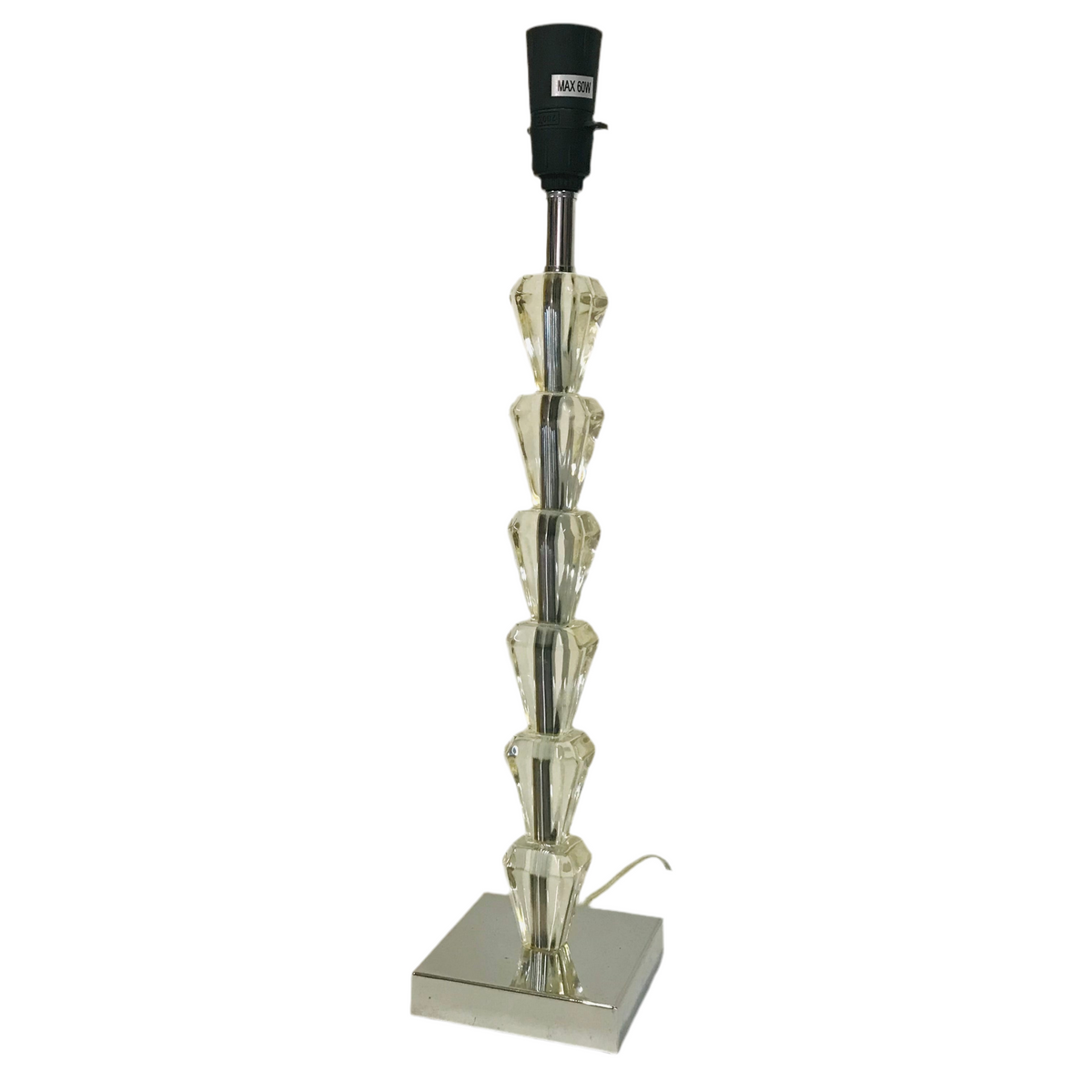 Acrylic stacked diamond chrome table lamp base with a chrome square plate at the bottom and a black lamp fitting on top.