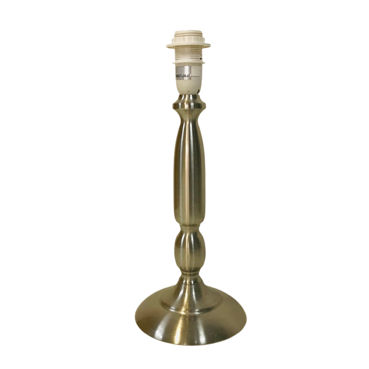 A brushed metal chrome turned table lamp base with a Globe attachment point at the top, standing upright against a white background.
