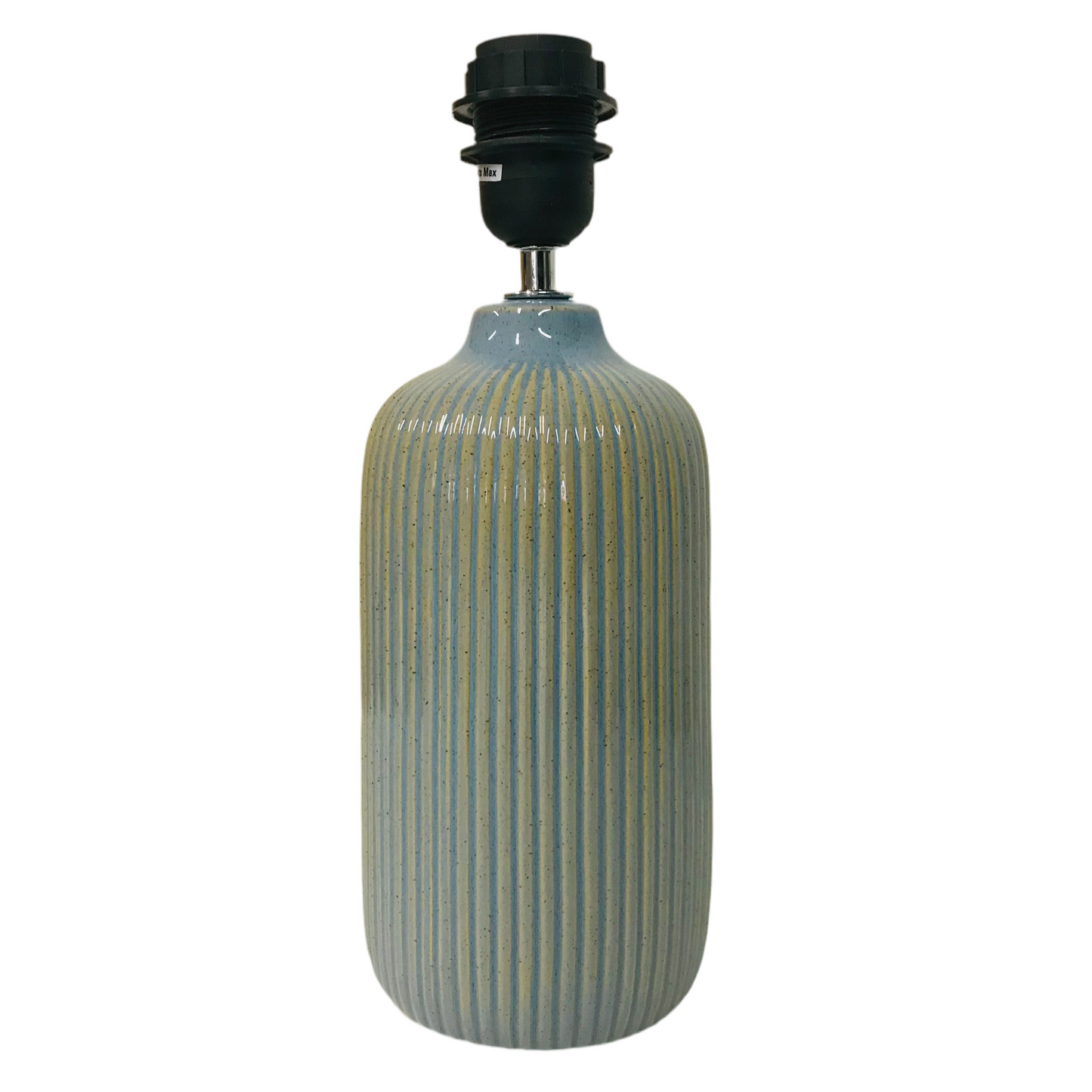 a ceramic table lamp base with a ridged texture, in mottled tan and blue, with a black lamp fitting on top and a cord attached.