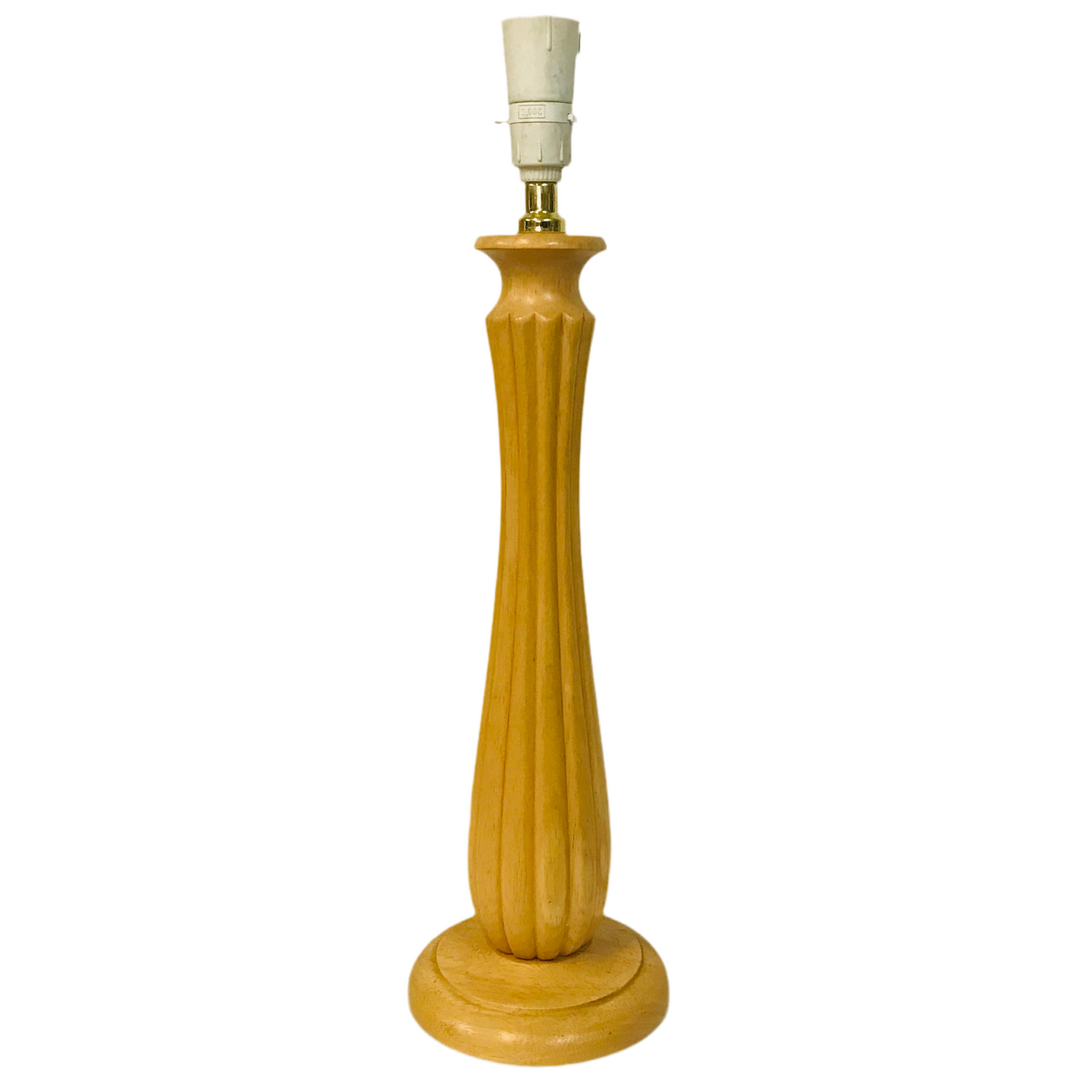 A tall, ridged, light wood table lamp base with a UK/EU lamp fitting on top, intended for use with a shade.