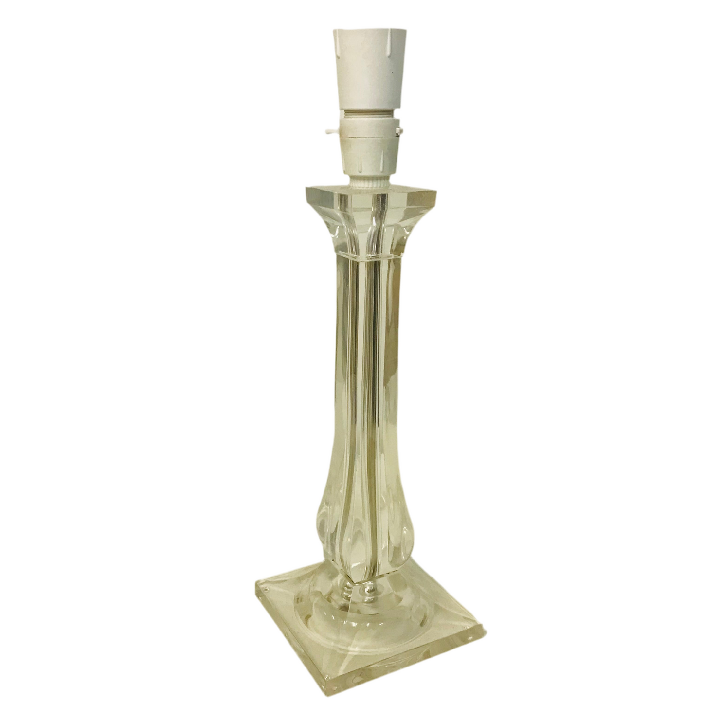 A clear resin column table lamp base with a lamp fitting on top, on a white background.
