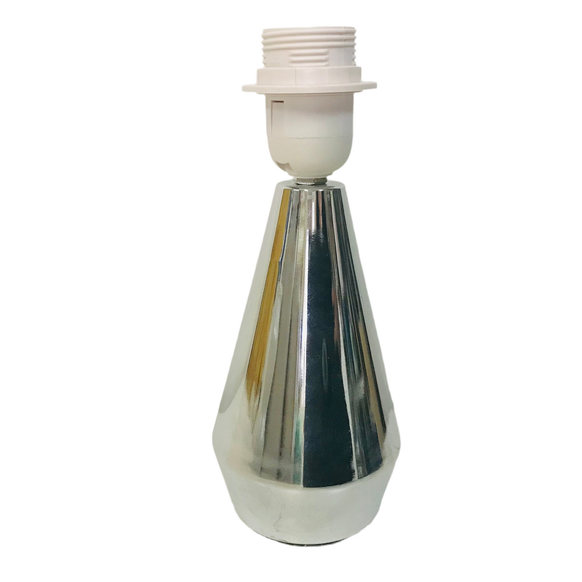 A small chrome touch lamp base with a conical shape and a white lamp fitting on top.