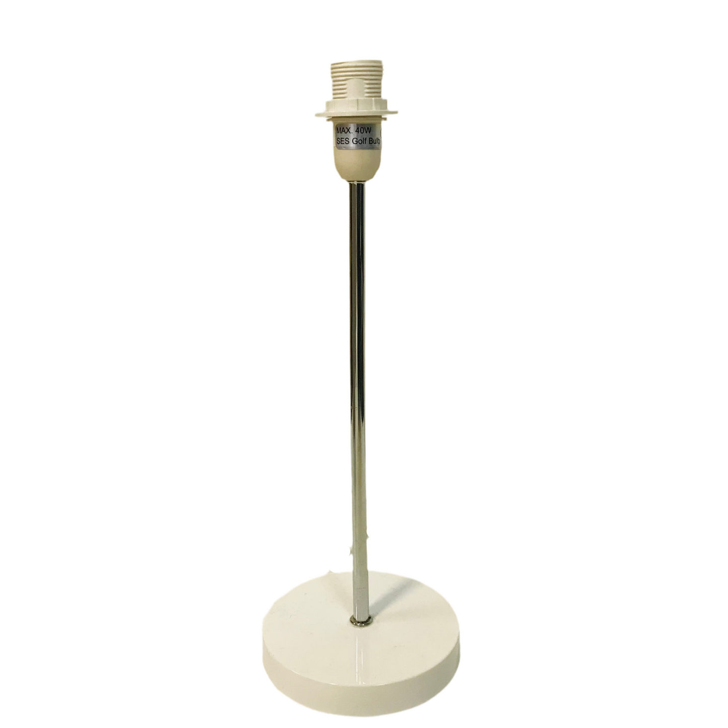A chrome stick table lamp with a white round base, without a shade, displaying the lamp fitting and cord.