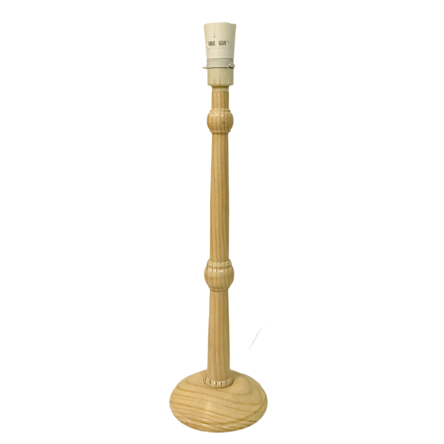 A pine wood lamp base with a white wash finish, featuring a turned column design, with a lamp fitting on top.