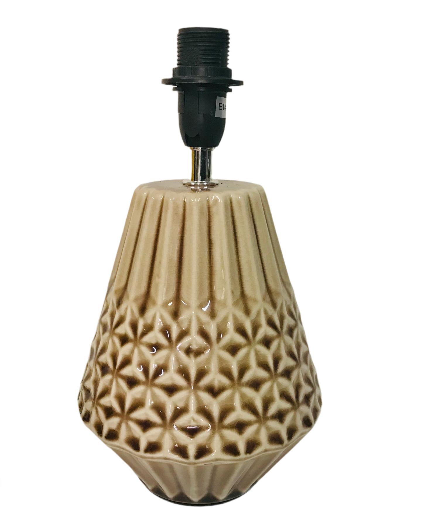 Two ceramic table lamp bases with a geometric diamond pattern in a brown color, displayed against a white background.