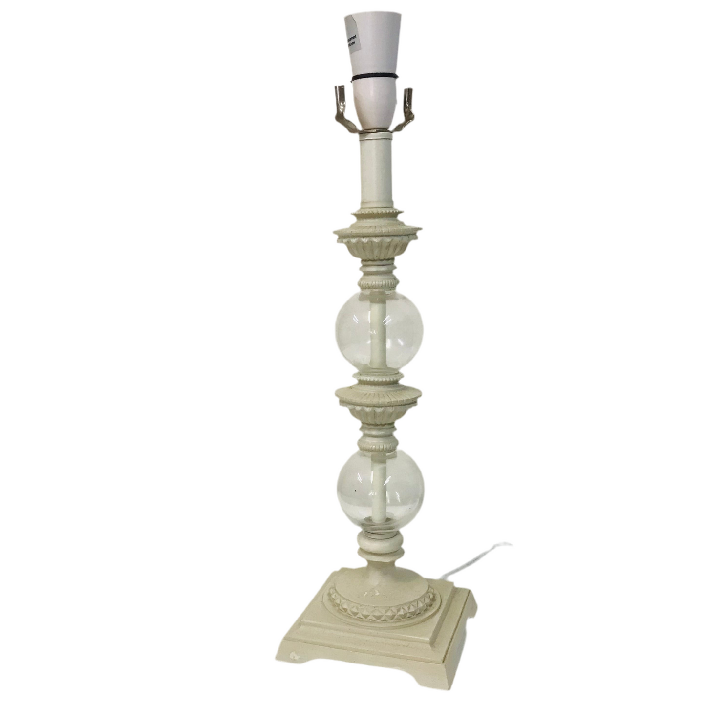 A cream-colored glass ridged table lamp base with a bulbous form and a switch on the cord, displayed against a white background.