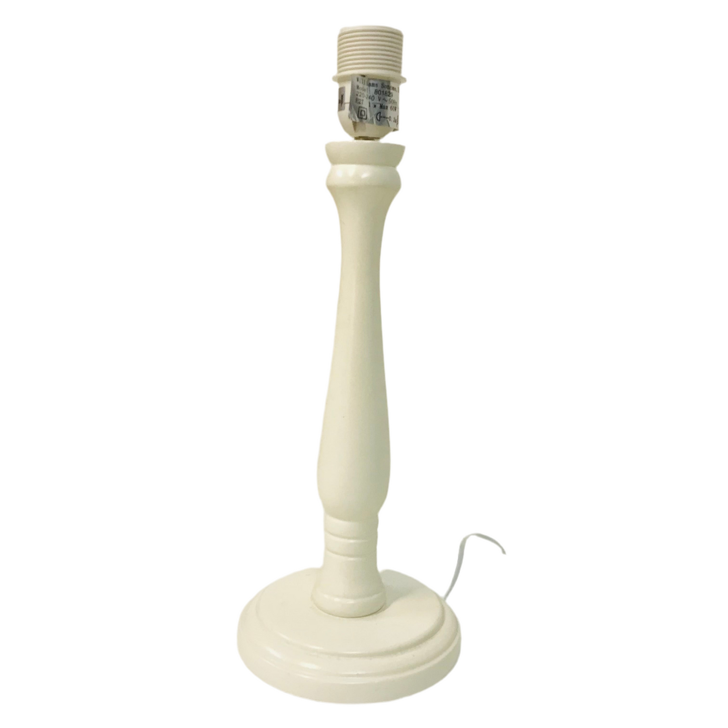 An off-white painted timber turned table lamp base with a switch on the cord, designed for a table lamp.