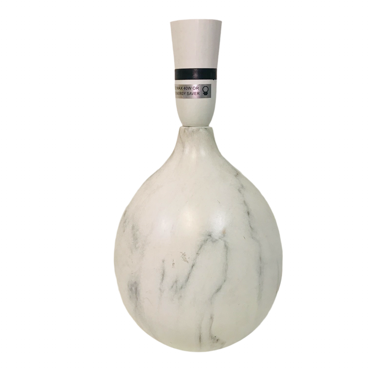 A white marbled ceramic lamp base with a visible switch on the cord, designed for table lamps.