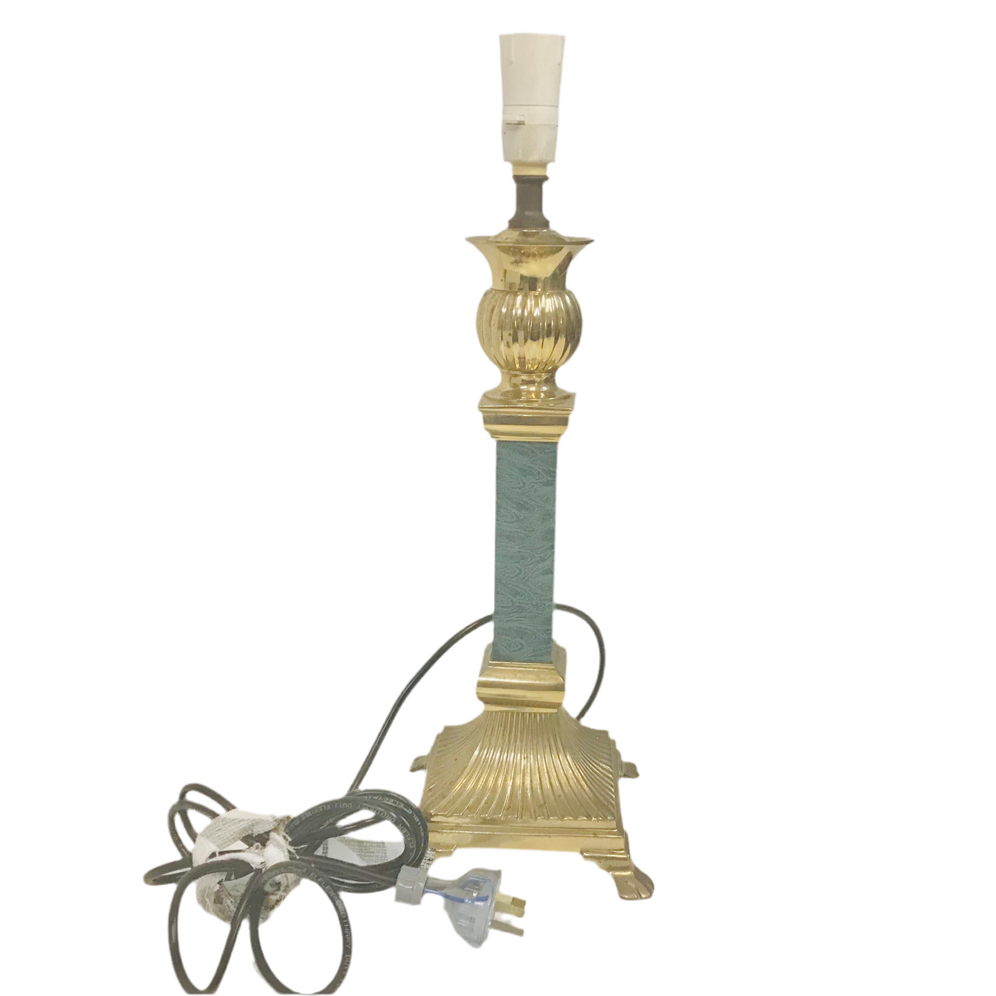 A brass ornate column lamp base with a teal band, equipped with a UK/EU lamp fitting and a cord with a plug.