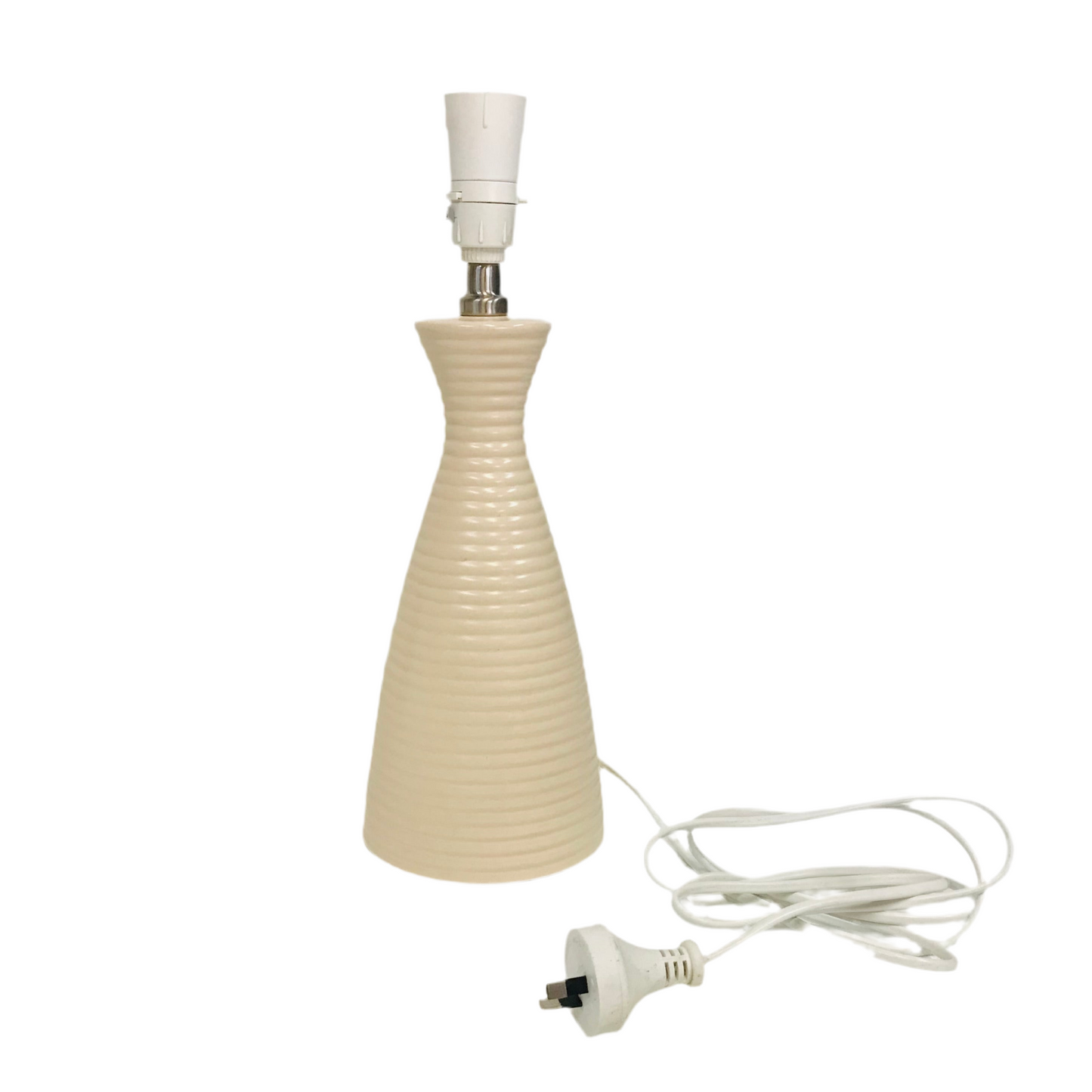 A beige ribbed ceramic bottle-shaped lamp base with a white switch and a plug cord.