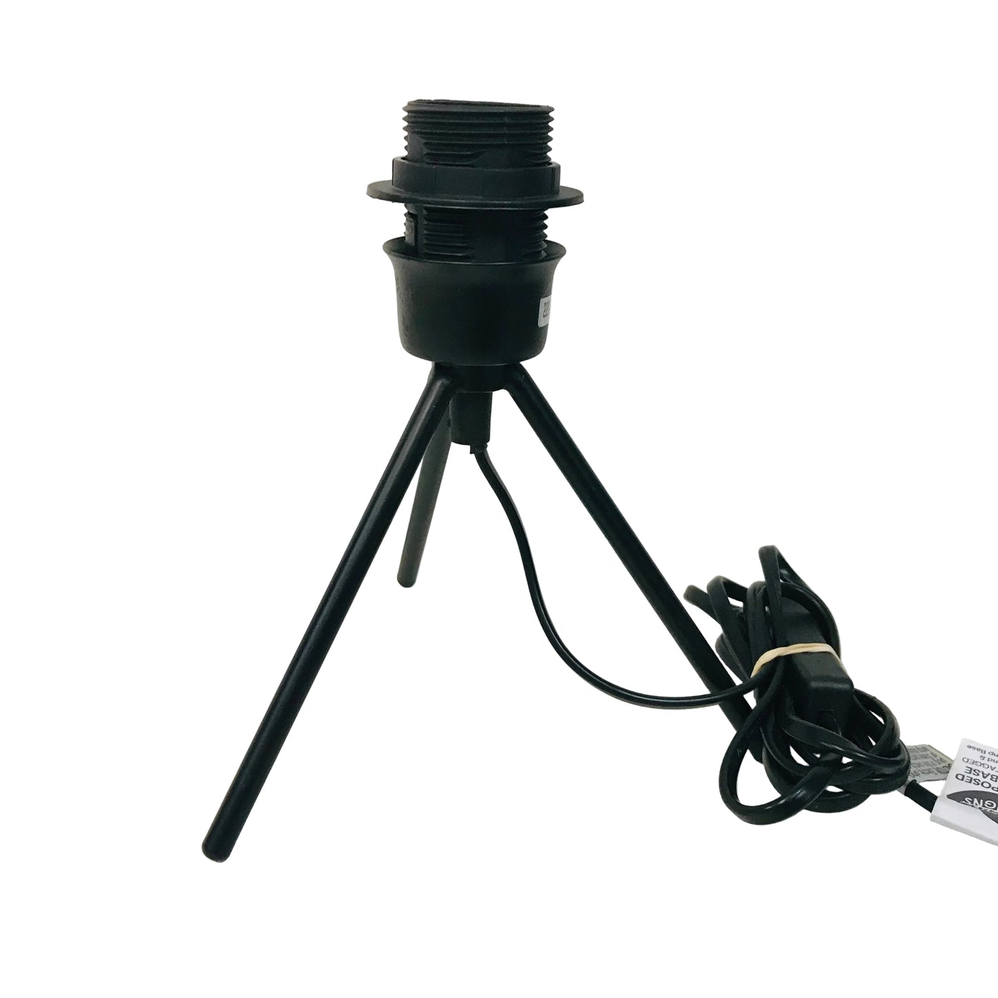 Black tripod light stand with power cord on a white background