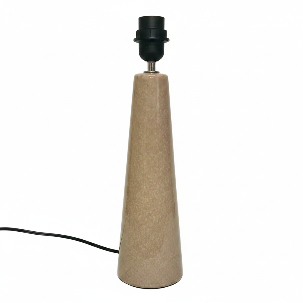 A modern tapered table lamp with a textured beige ceramic base, a black socket cap, and a black power cord, shown against a plain white background.