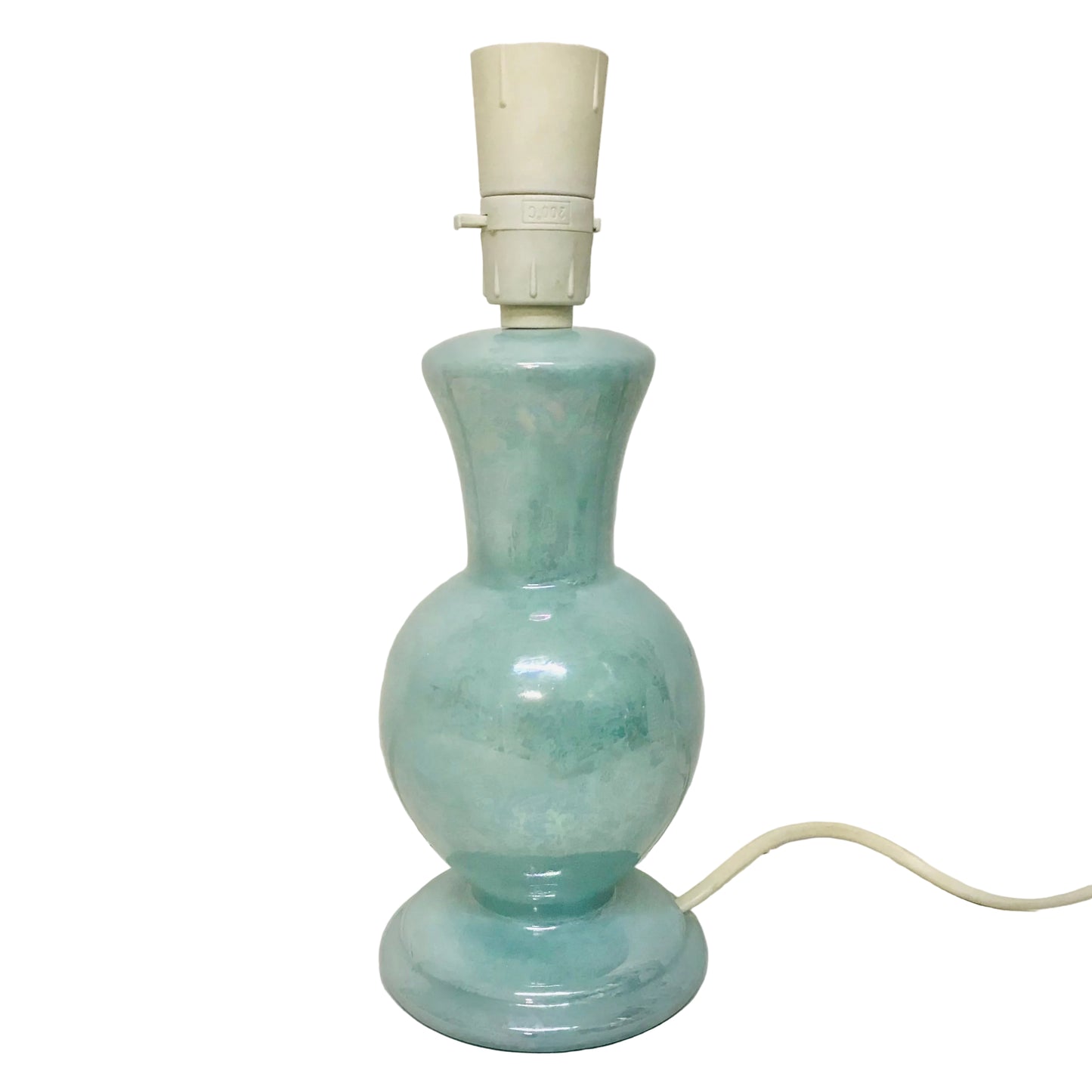 Light blue ceramic lamp with white base on a white background