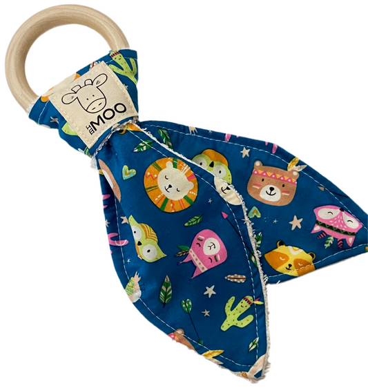 a colourful blue organic bamboo teethers with cactus' and animals