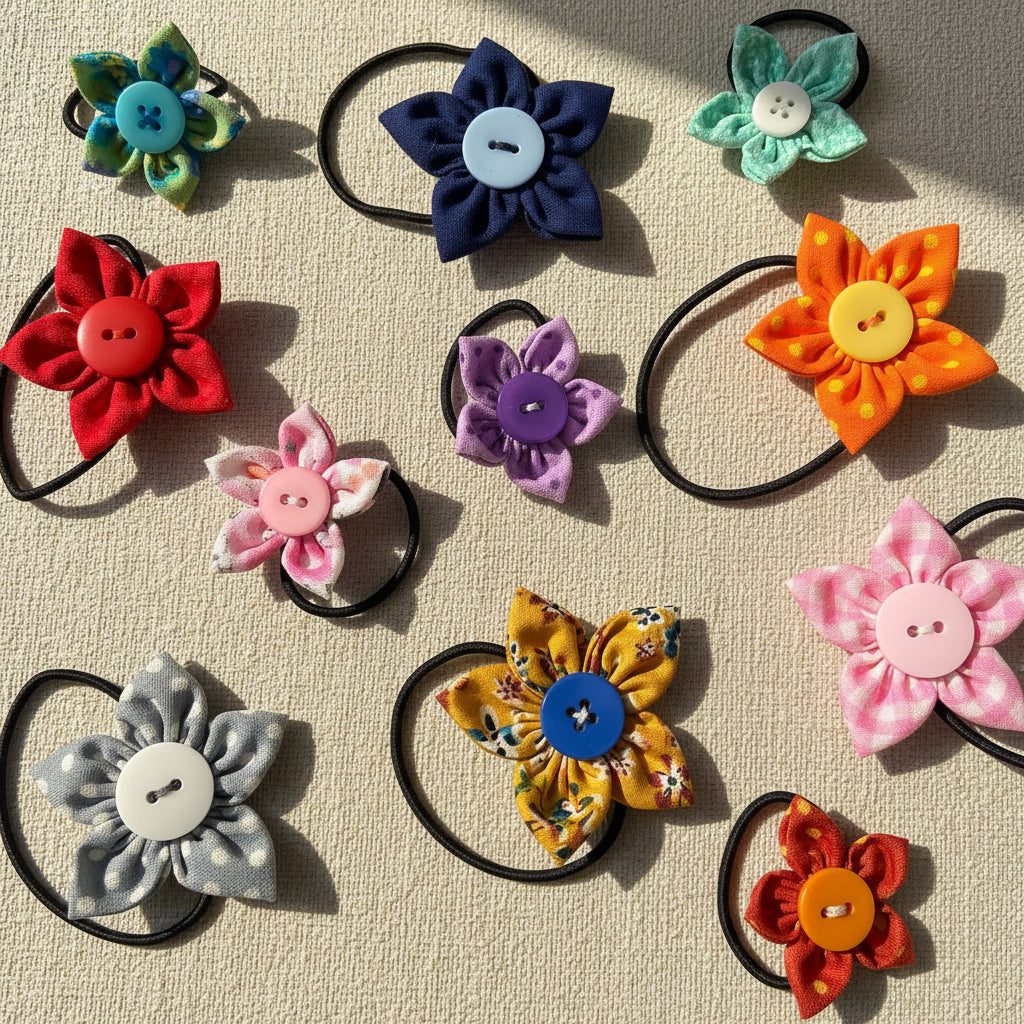 Colorful flower-shaped hair ties with buttons on a white background
