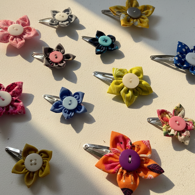 Colorful flower-shaped hair clips on a light surface