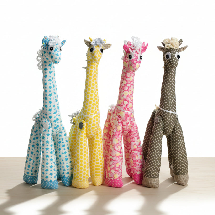 A collection of handmade soft toy giraffes in various colors and patterns standing upright.