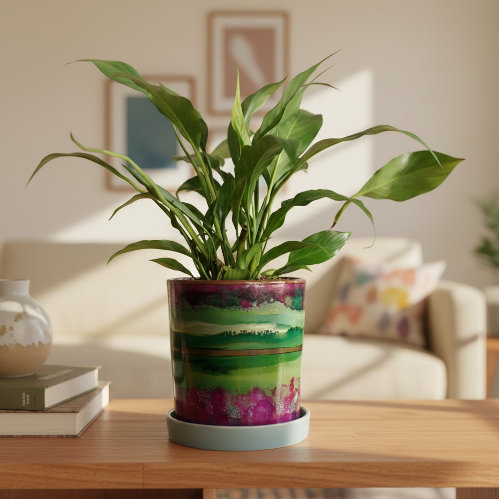 A potted peace lily plant with green leaves in a cylindrical ceramic pot featuring a colorful landscape design with green fields, purple mountains, and a gold band, sitting on a white saucer against a white background.