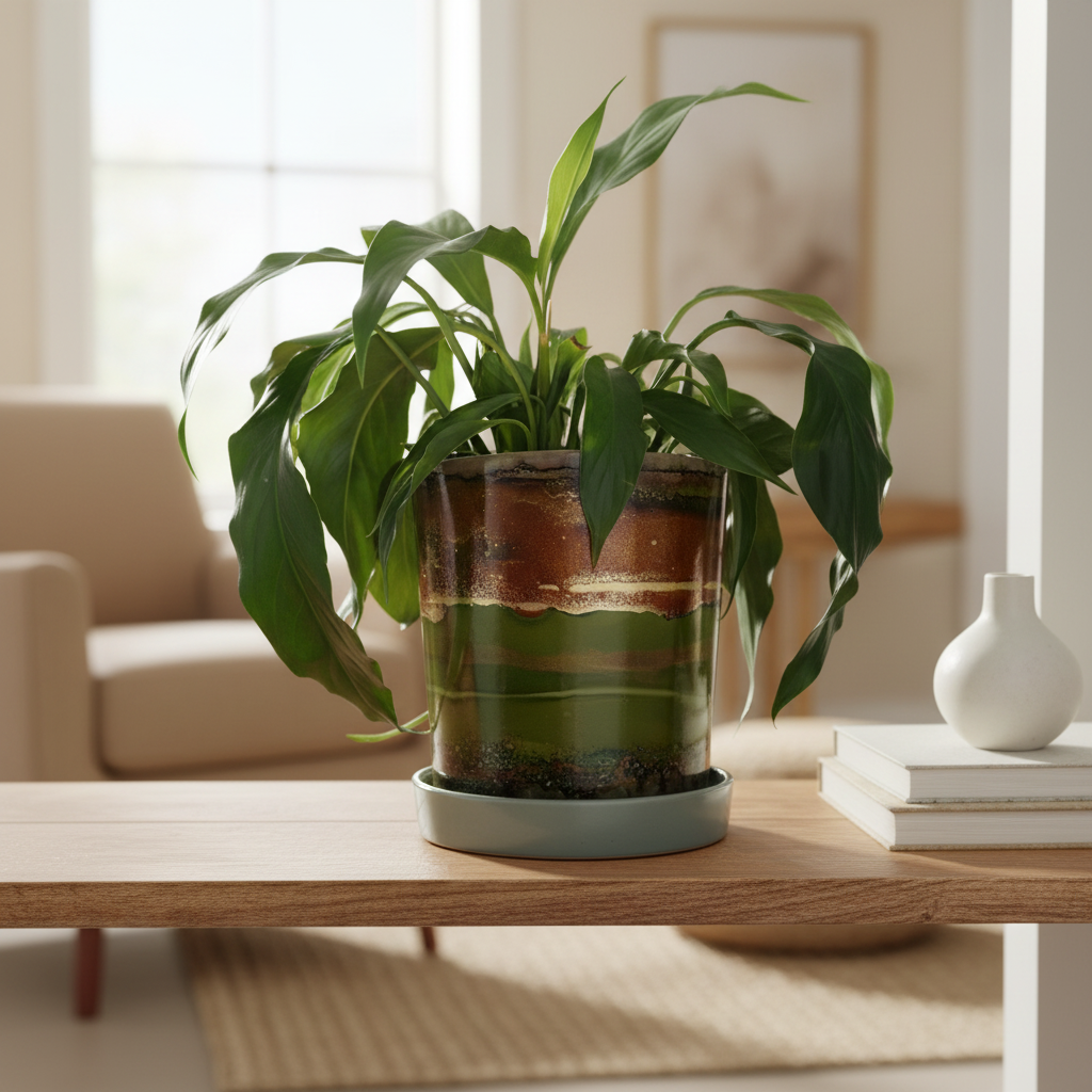 A potted green houseplant in a glazed ceramic pot and saucer, placed on a light wood table in a softly lit living room with a blurred sofa and decor in the background.