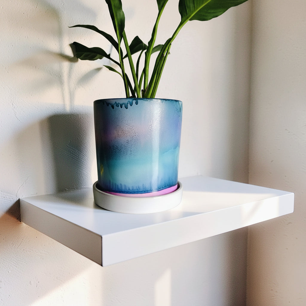 A glazed ceramic planter with a blue, purple, and teal gradient design, holding a green plant, displayed on a white floating shelf against a beige wall.