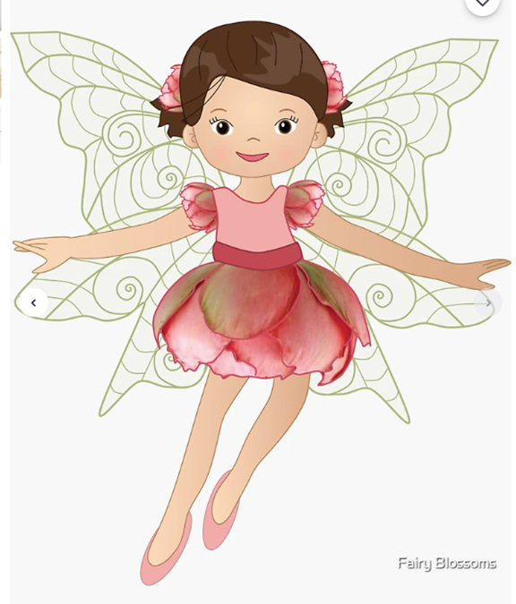 Illustration of a fairy with pink dress and wings on a white background