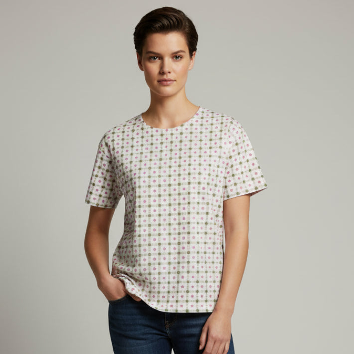 Checkered tshirt on a mannequin against a brick wall