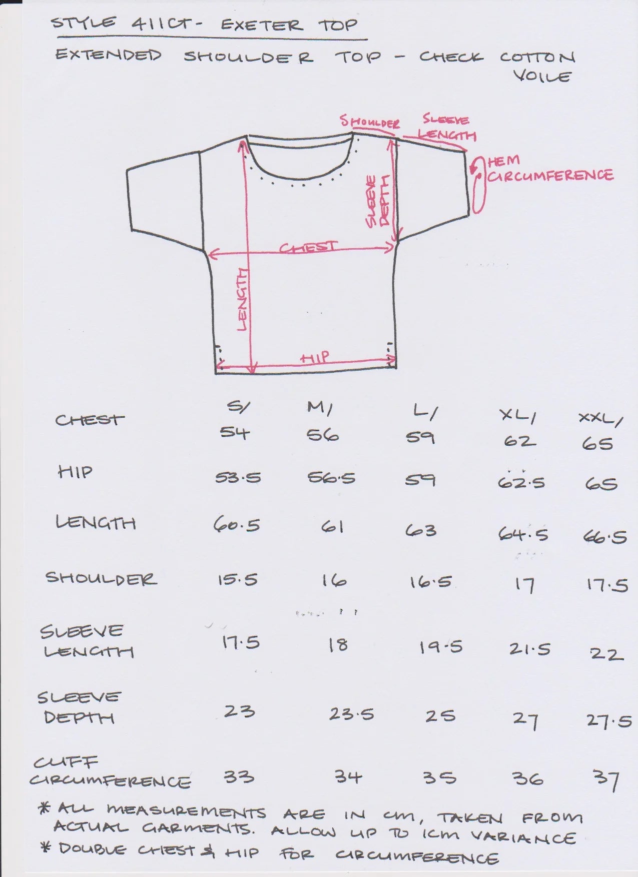 Measurement chart for a garment with dimensions labeled