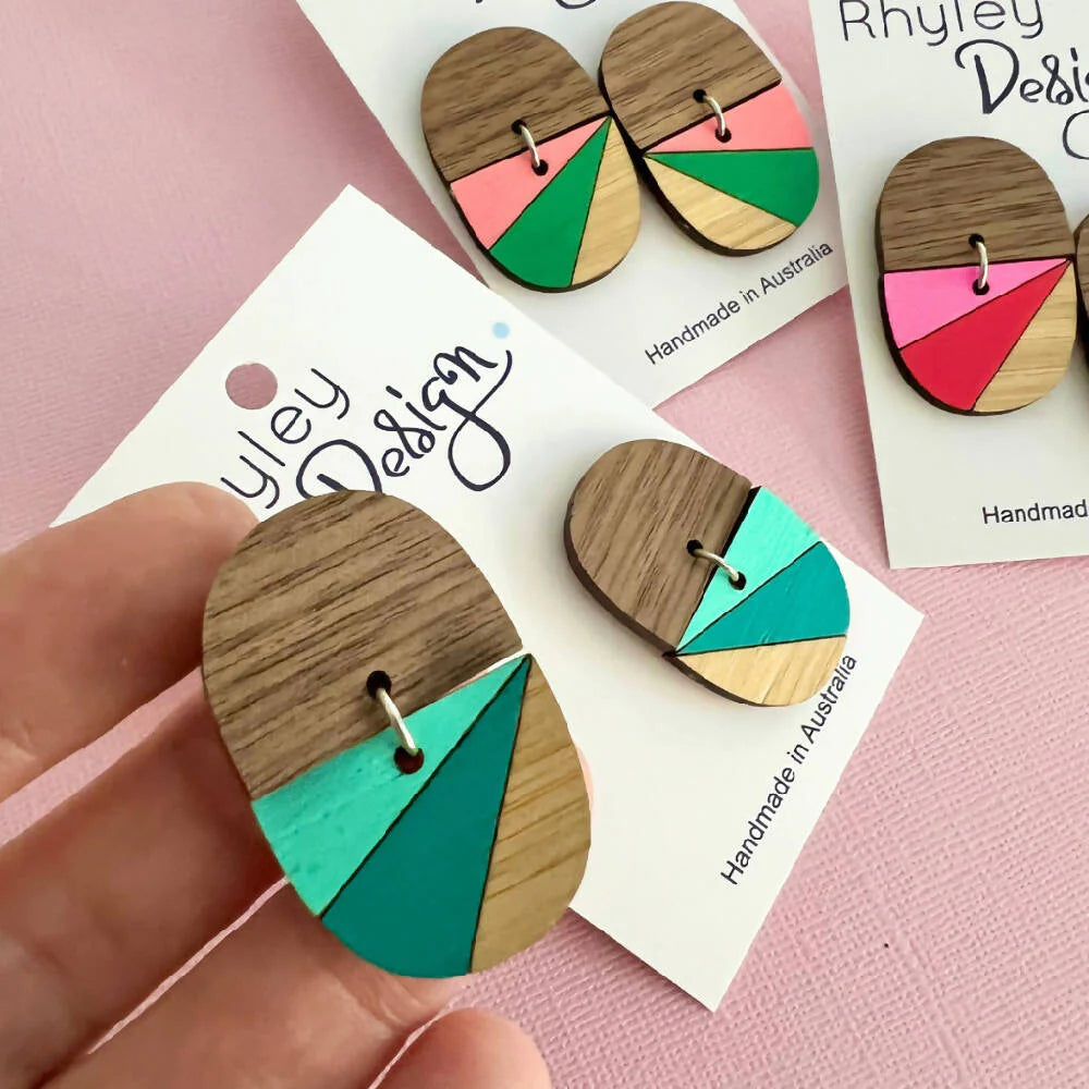 Painted Geometric Wood Statement Stud Earrings