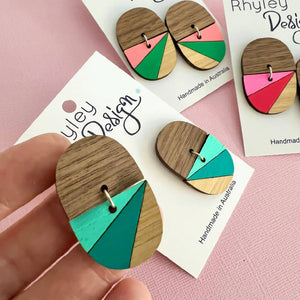 Painted Geometric Wood Statement Stud Earrings