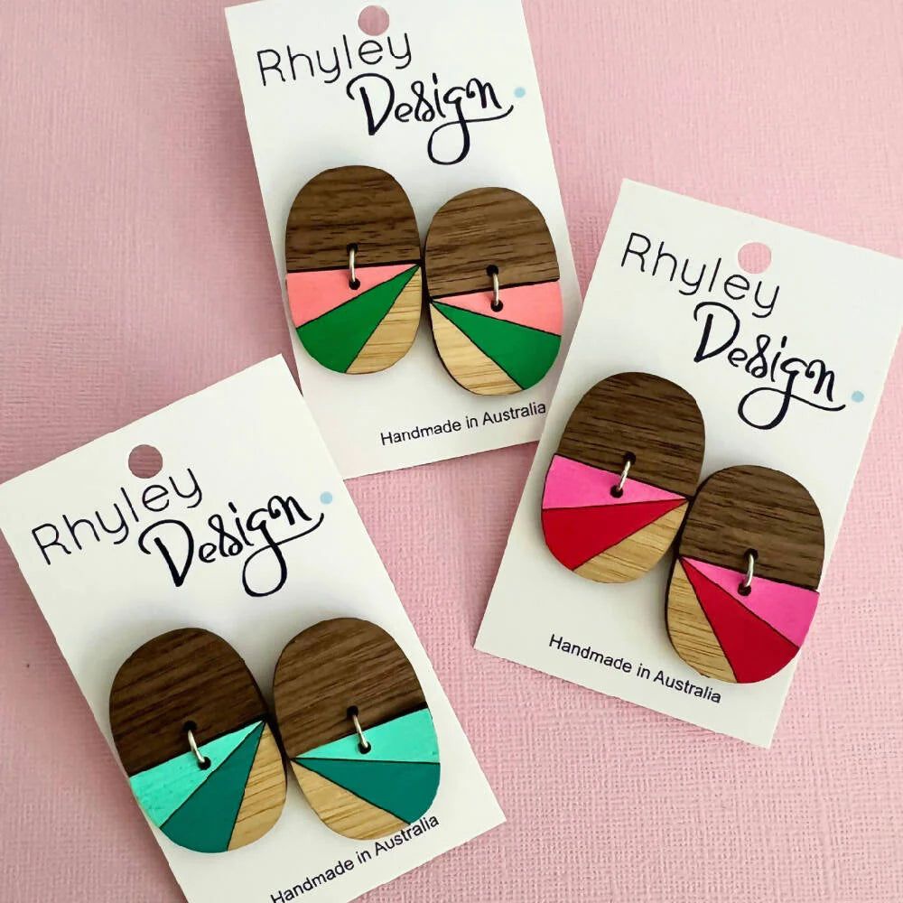 Painted Geometric Wood Statement Stud Earrings