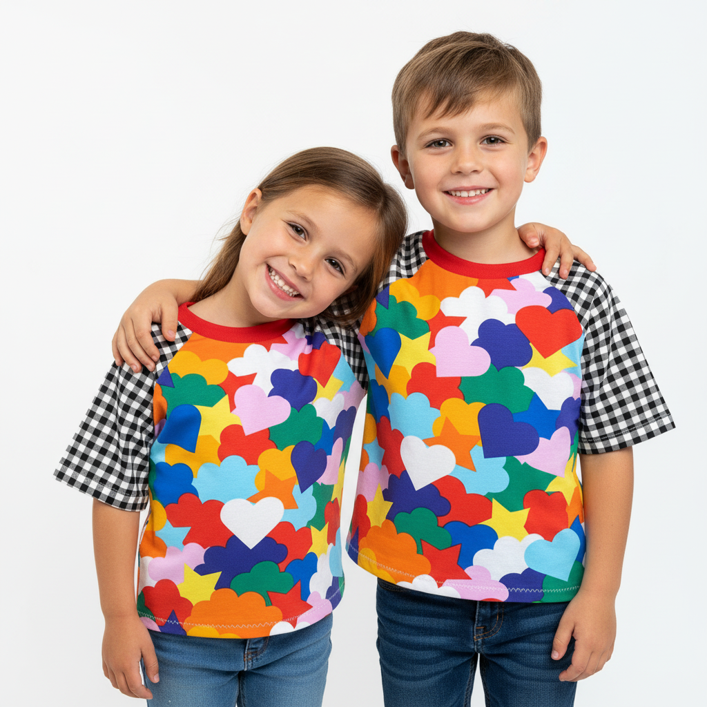Two children wearing colorful shirts with heart patterns on a white background