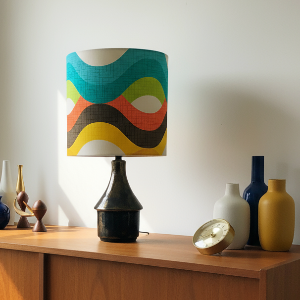 Wooden sideboard with decorative items including a colorful lamp and vases in a room with natural light.