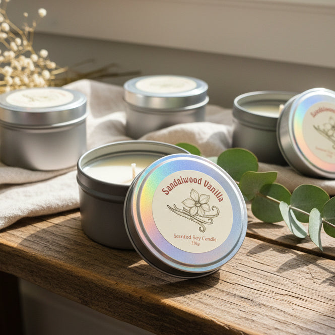 Sandalwood Vanilla scented soy candle in a metal tin with a decorative lid on a wooden surface.