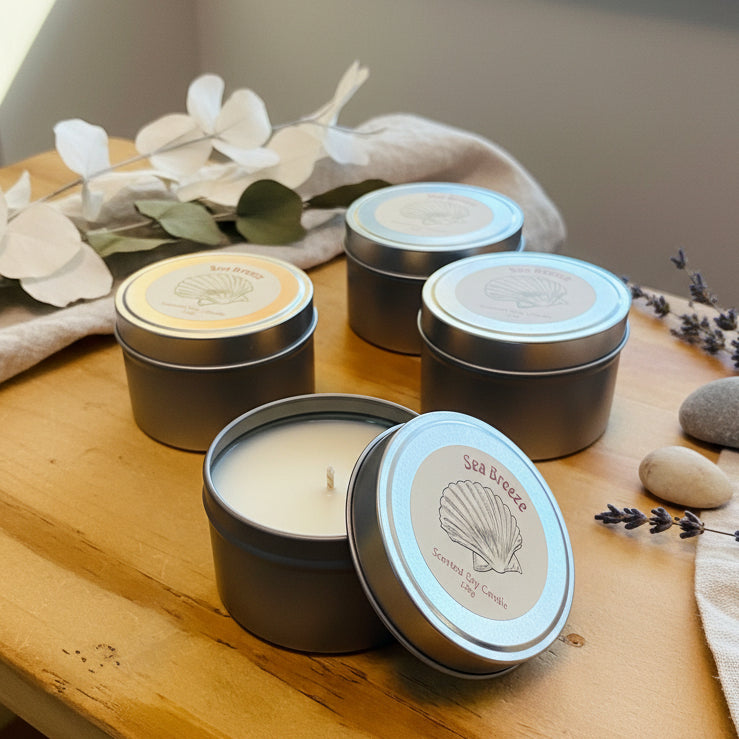 Scented soy candle in a tin with 'Sea Breeze' label on a wooden surface