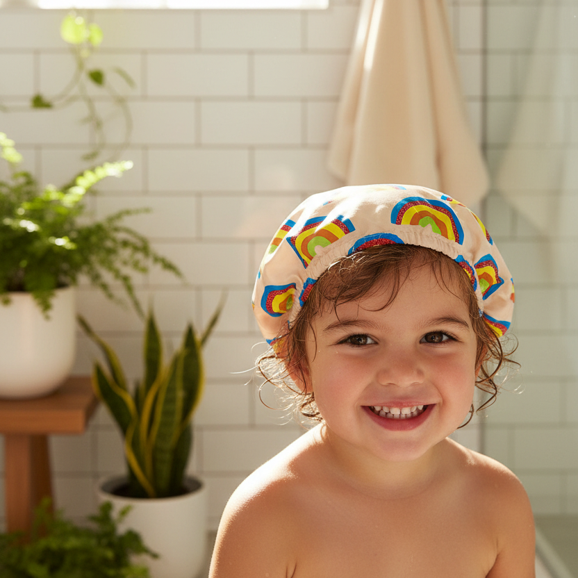 Child wearing a colorful shower cap in a bathroom with plants and a towel.