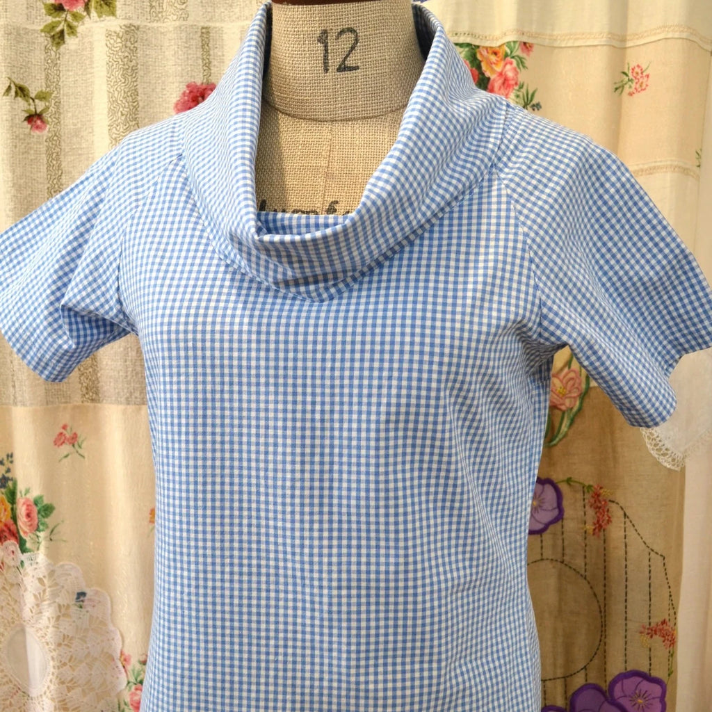 Pleat Roll Neck Top - Sky Gingham