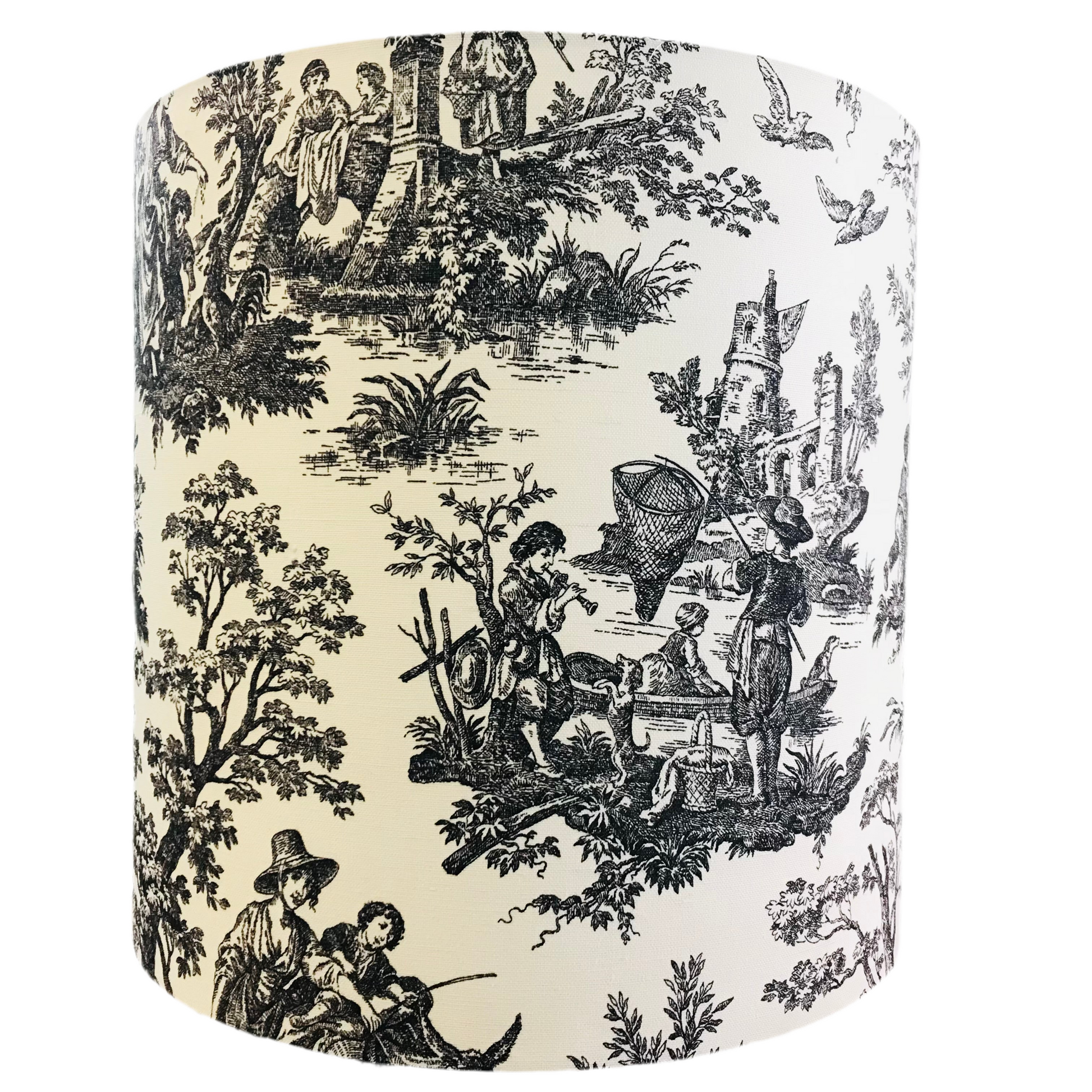Cylindrical lampshade with black vintage-style design on a white background