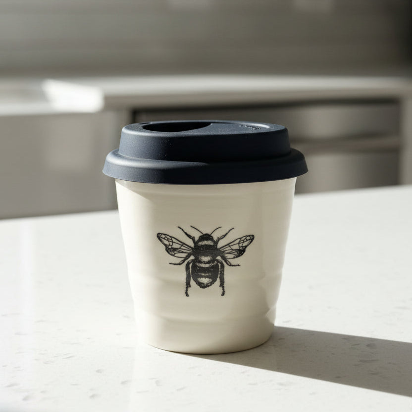 A reusable insulated coffee cup with a dark navy lid and a black bee graphic on the front, sitting on a wooden table in a store setting.