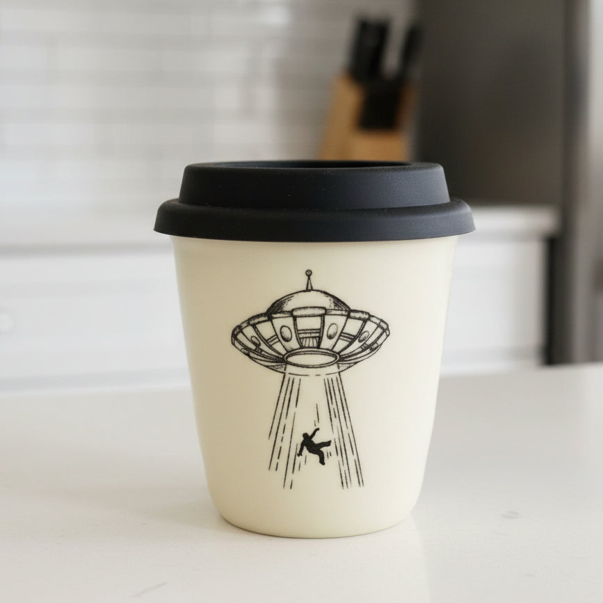 White ceramic cup with black lid featuring a UFO design on a white background