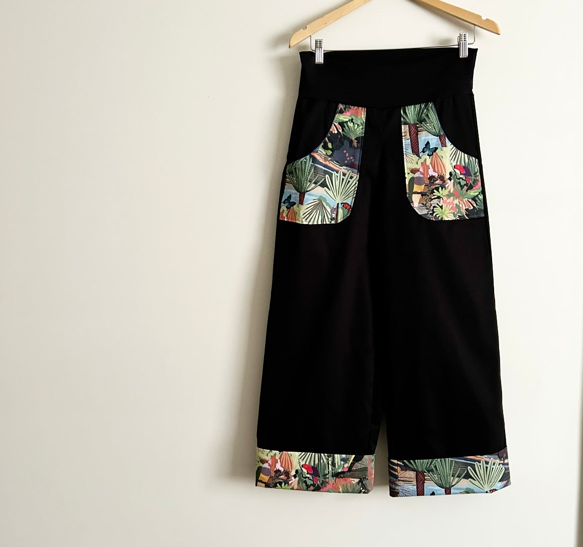 Women's Handmade Pants with Pockets & Cuffs - Black with Tropical / SMALL