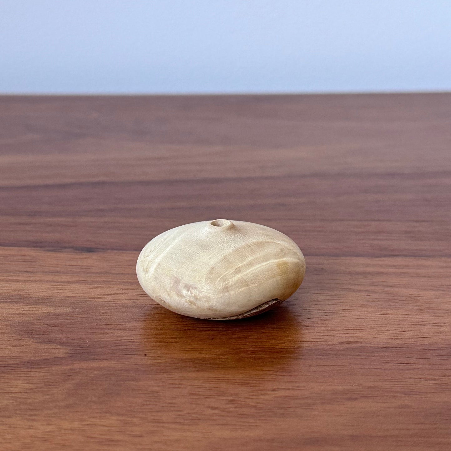 Wooden circular vase on a light blue background
