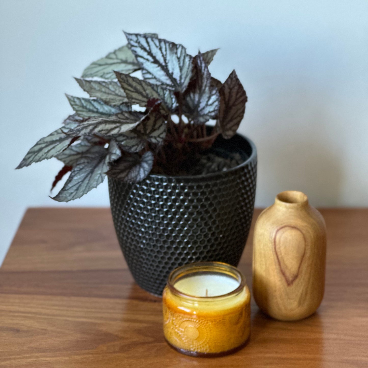 Decorative items including a potted plant, candle, and wooden vase on a wooden surface.