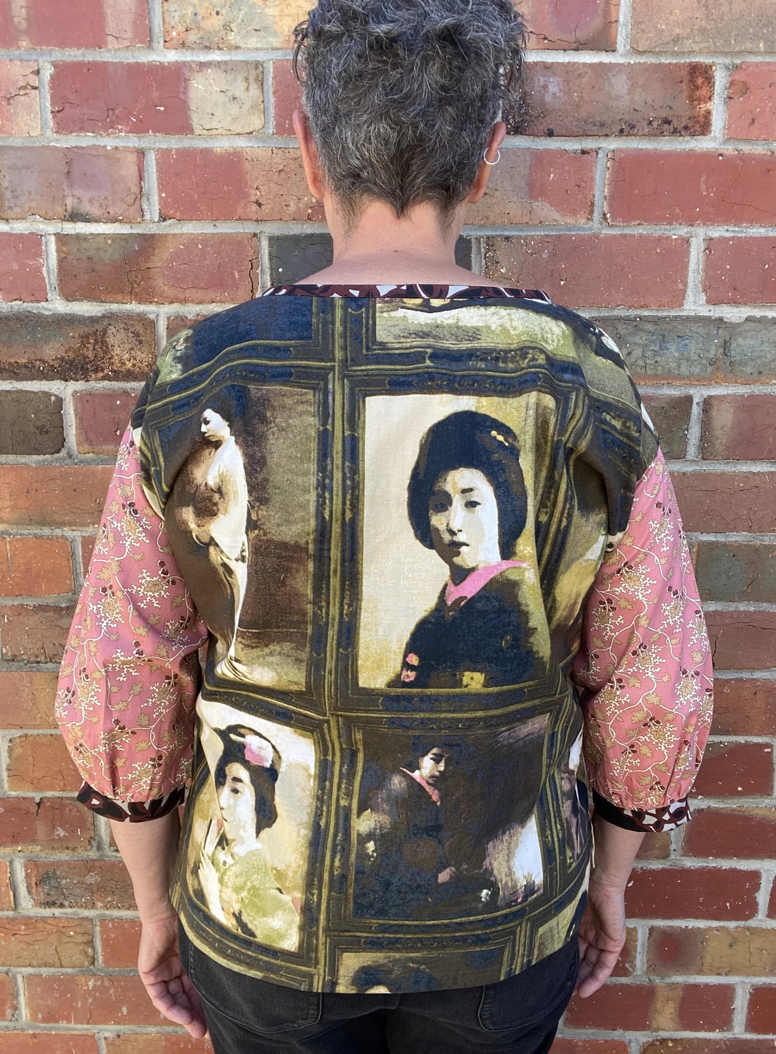 the back view of a Women's Handmade Cotton Top with paneled detail of Japanese Geisha's at a tea partyWomen's Handmade Cotton Top