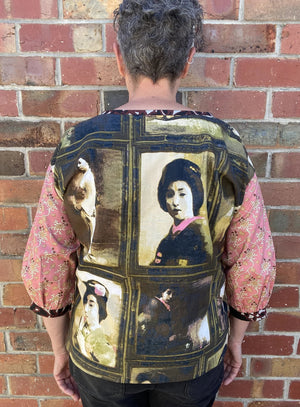 the back view of a Women's Handmade Cotton Top with paneled detail of Japanese Geisha's at a tea partyWomen's Handmade Cotton Top