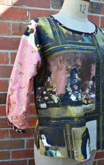 a Women's Handmade Cotton Top with paneled detail of Japanese Geisha's at a tea party