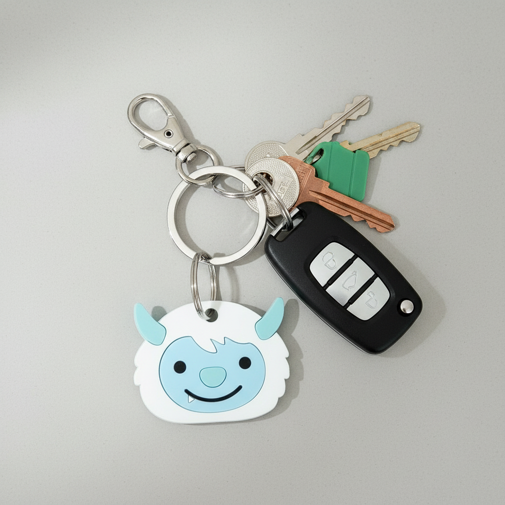 A handcrafted keyring featuring a smiling yeti character, made from laser cut acrylic and plywood, in blue and white colors, attached to stainless steel hardware.