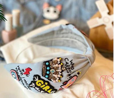 Hand Embroidered Bead Detail Luxury Headband - Alba Blue ** ON SALE **
