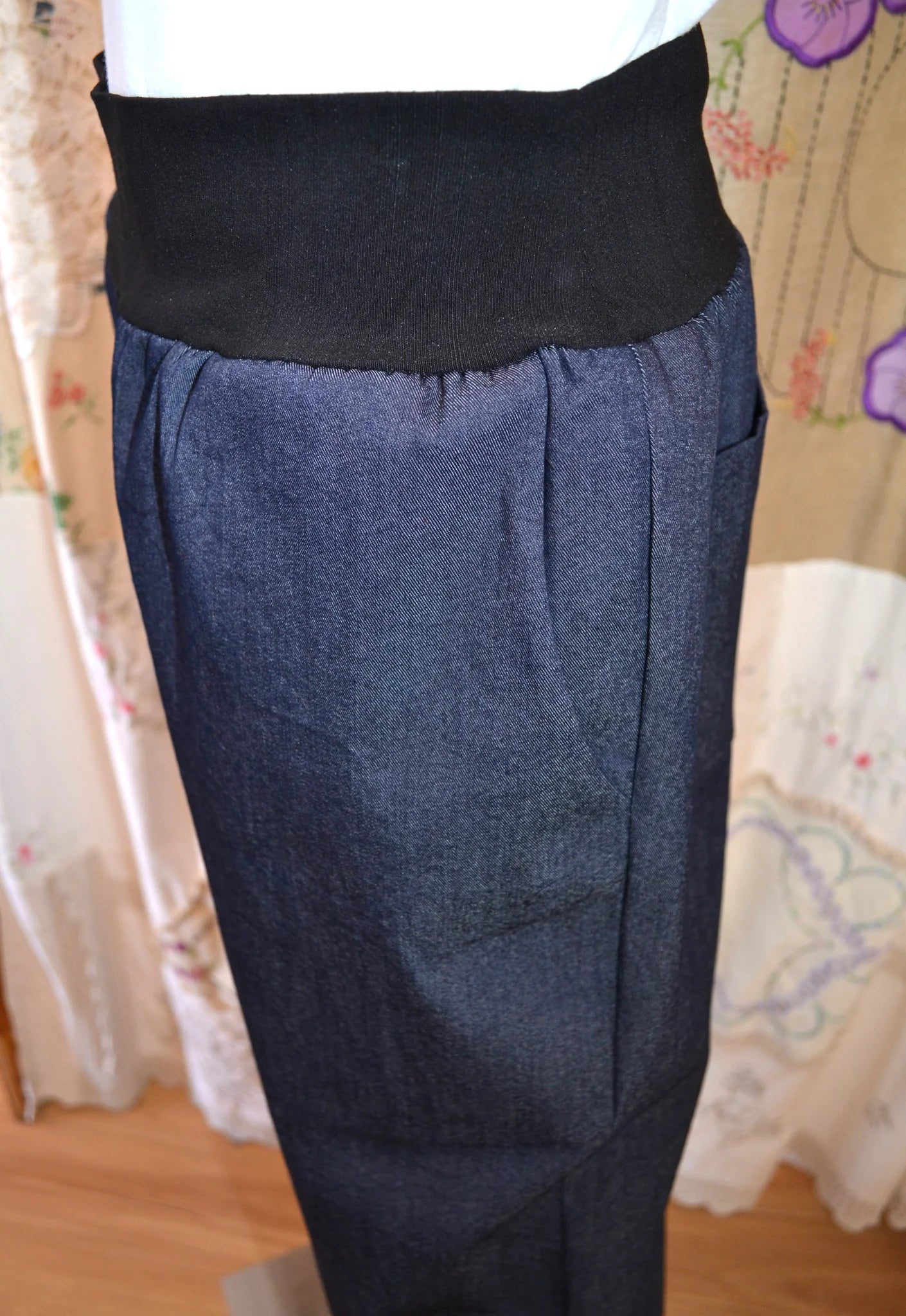 Women's Handmade Band Pants - Stretch Dark Denim